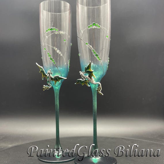 Green dragon wedding champagne flutes, hand painted, Set of 2