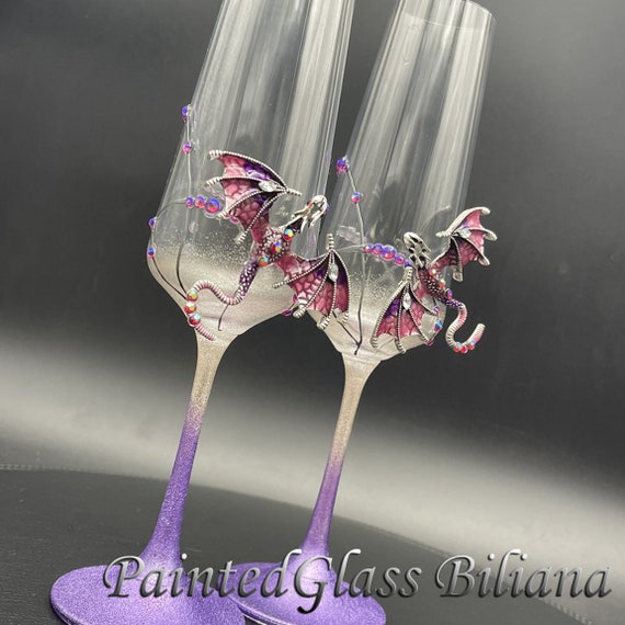 Purple dragon wedding champagne flutes hand painted wedding champagne flutes, Set of 2