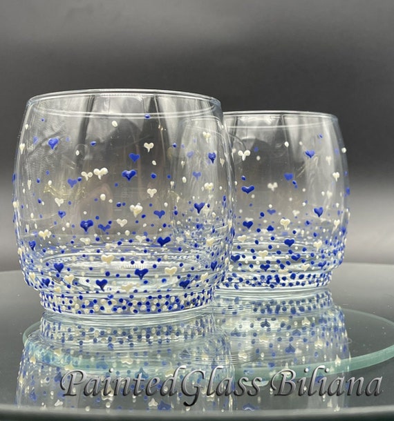Set of 2 hand painted whiskey glasses Valentine's day in pearly white and blue color