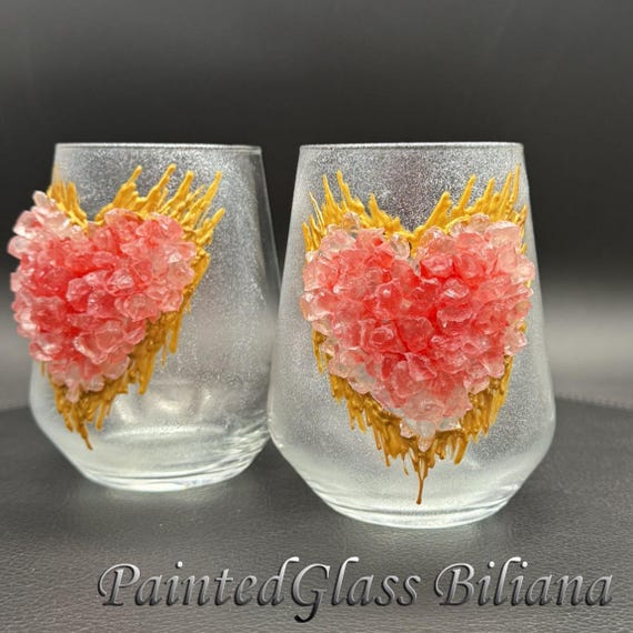 Red heart geode wine glasses
