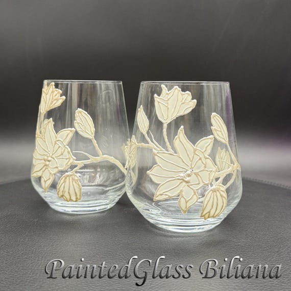 Set of 2 hand painted white magnolia stemless wine glasses