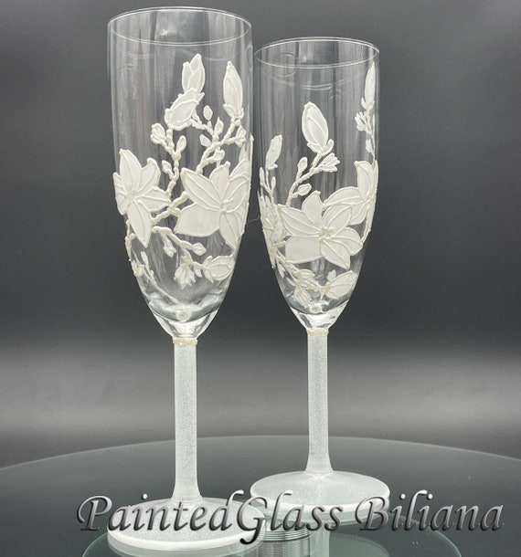 Set of 2 hand painted white magnolia wedding champagne flutes