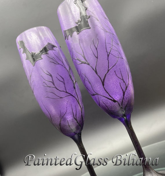 Set of 2 hand painted Wedding Glasses champagne flutes Black, black and purple Bats Halloween wedding glasses