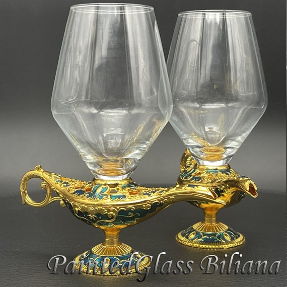 Aladdin magic lamp wedding champagne flutes, gold & turquoise color, fairytale wedding glasses
