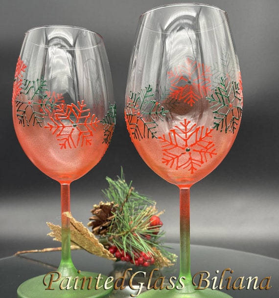 Red and green wine Winter Glasses Hand Painted Set of 2 red and green Snowflakes wedding theme