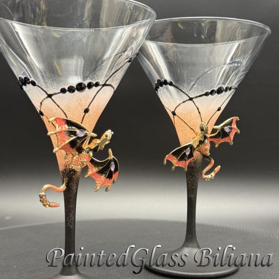 Pink black dragon martini glasses, Set of 2