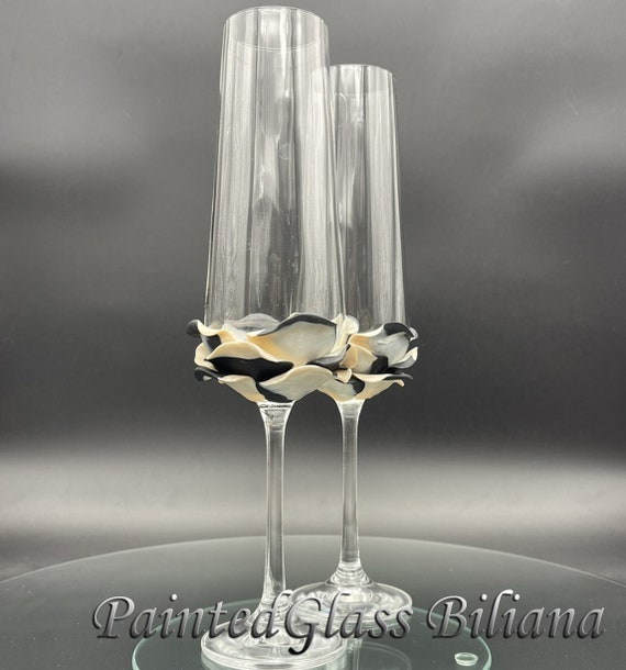 Set of 2 hand decorated Wedding Glasses champagne flutes Black and pearly white Rose