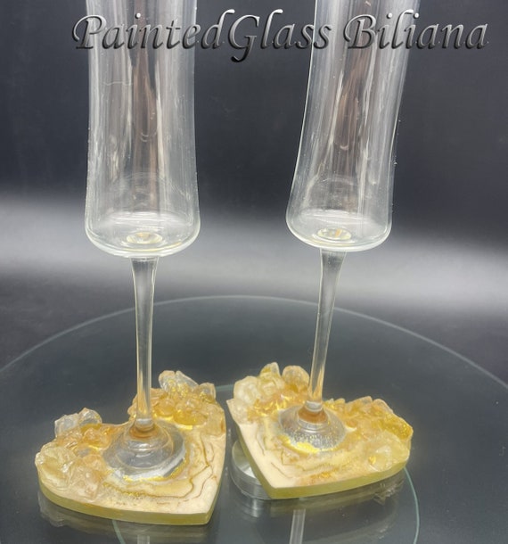Geode heart anniversary wedding flutes in gold
