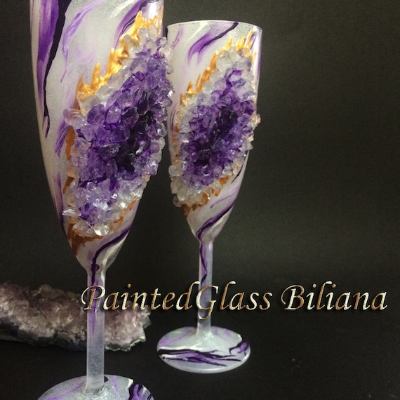 Amethyst marble geode wedding flutes, geode champagne glasses, set of 2