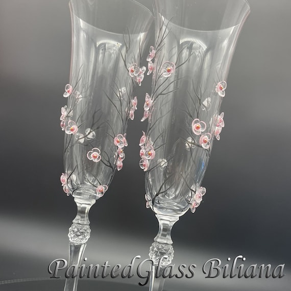 Sakura Wedding Toasting Glasses Cherry blossom wedding theme Champagne Flutes Hand Painted Set of 2