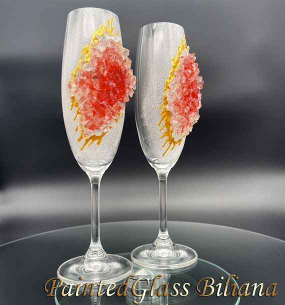 Red geode wedding flutes