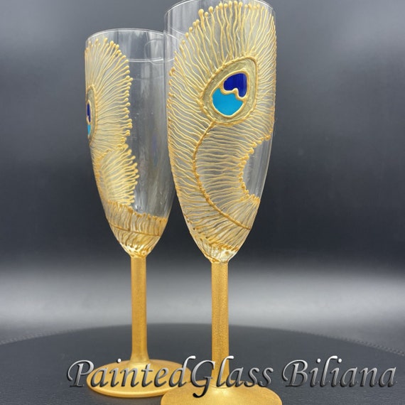 Wedding Glasses Peacock feather Champagne Flutes Hand Painted Set of 2 Peacock theme wedding in Blue and Gold color