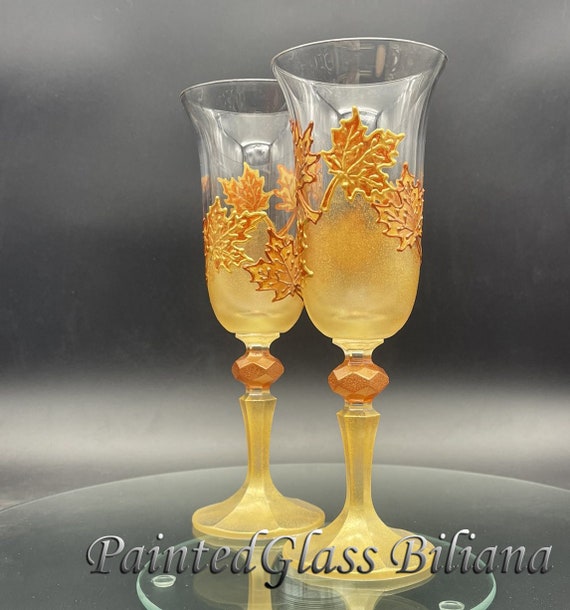 Autumn set of 2 hand painted toasting champagne flutes Maple leaves Cake serving set