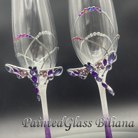 Purple crystals dragonflies hand painted wedding champagne flutes, Set of 2
