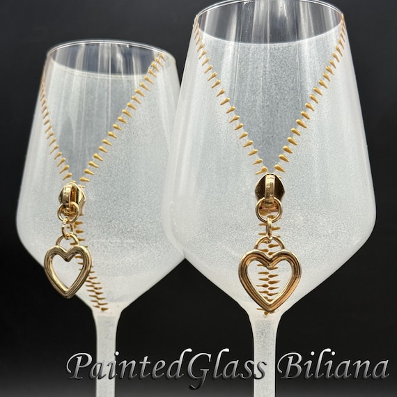 Hand Painted Heart Zipper wine glasses, Set of 2