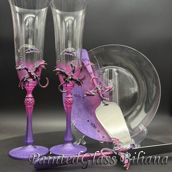 Hand Painted Purple Dragon Wedding Champagne Flutes - Set of 2