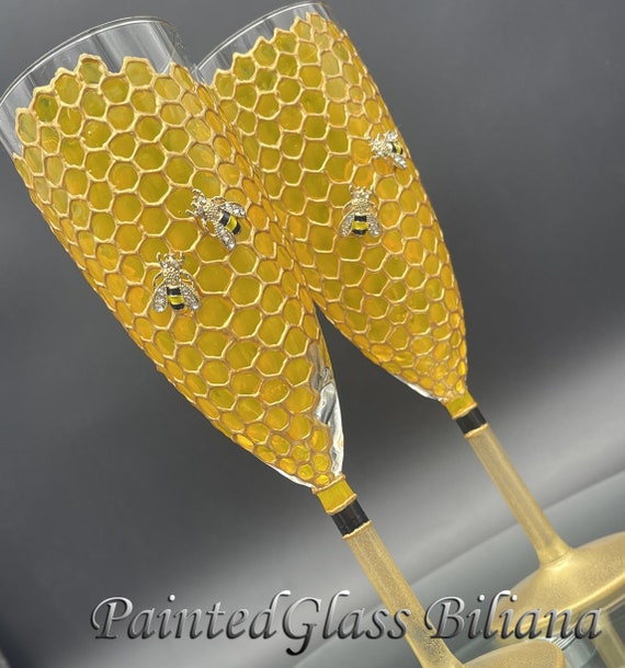 Honey Bee & Honeycomb champagne flutes bee lover glasses