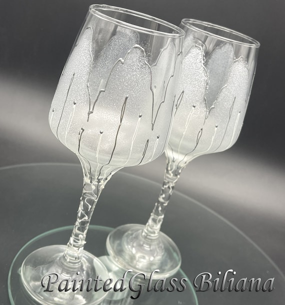 Set of 2 Hand Painted wine glasses Silver tulip