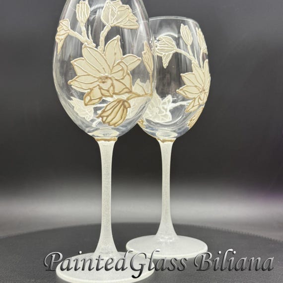 Set of 2 hand painted white magnolia wine glasses