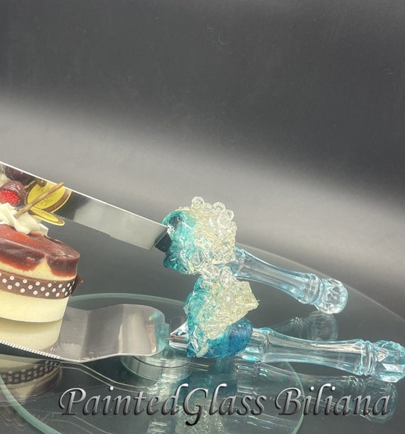 Sea waves cake server and knife, Summer Beach wedding cake accessories, 2 pcs