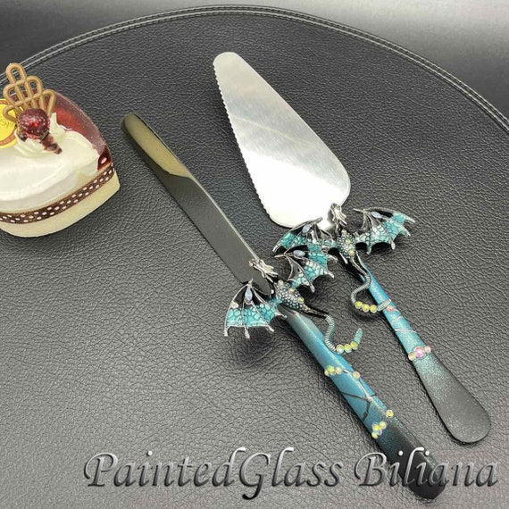 Blue dragon cake serving set, dragon cake server and knife