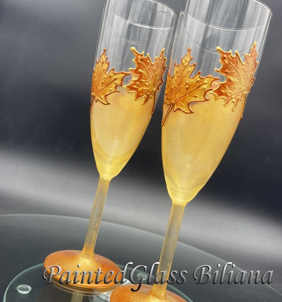 Autumn set of 2 hand painted wedding champagne flutes Maple leaf toasting glasses Cake set