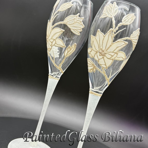 Set of 2 hand painted white magnolia wedding champagne flutes