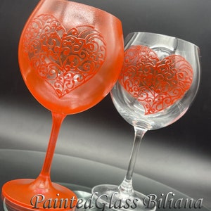 CRYSTAL SET of 2 Hand Painted wine glasses Love in red