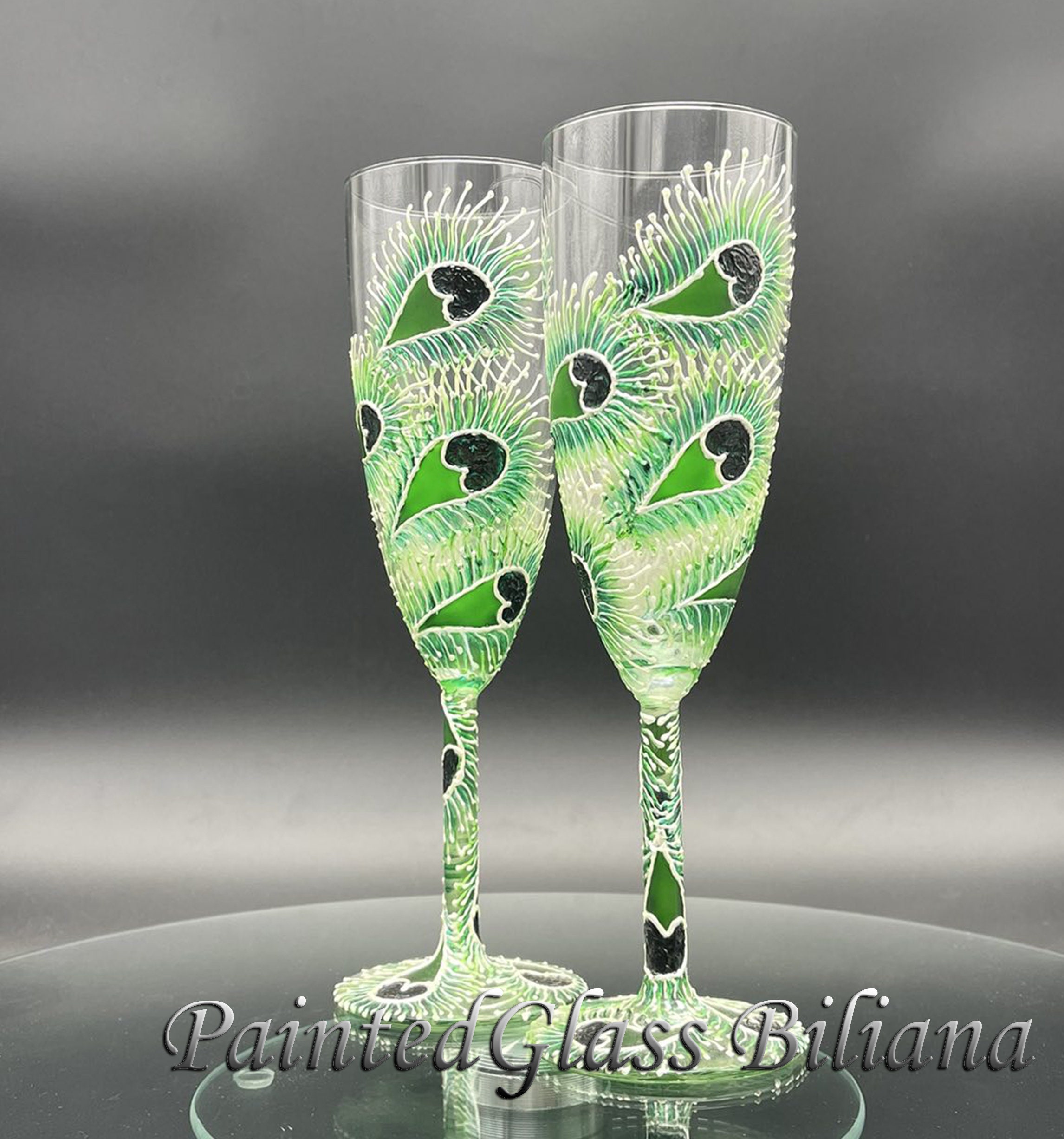 Set of 2 Hand Painted Wedding Champagne Flutes Peacock Heart 
