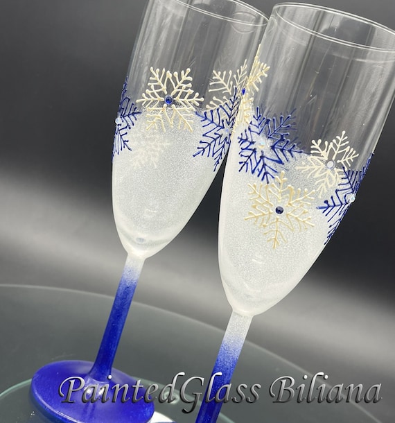 White and blue Wedding Toasting Glasses Winter Champagne Flutes Hand Painted Set of 2 white blue Snowflakes wedding theme