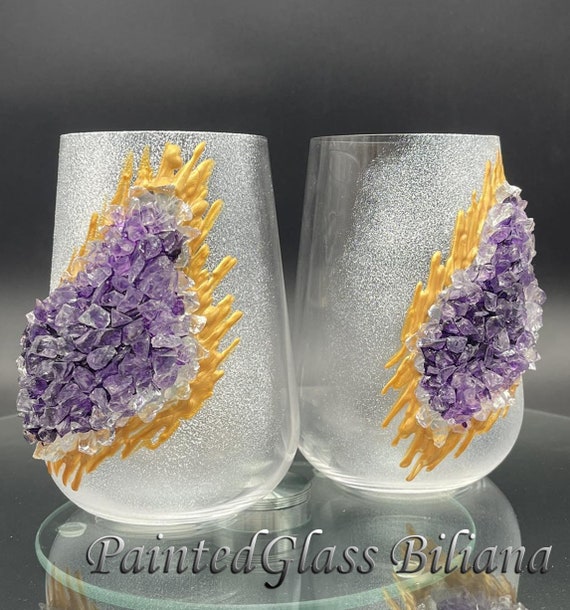 Amethyst purple geode stemless wine glasses