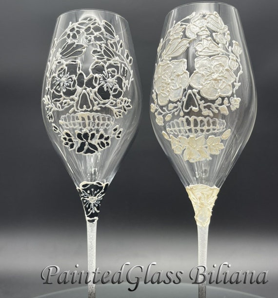 Set of 2 hand painted Sugar skull Halloween champagne flutes