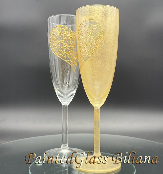Set of 2 hand painted gold Valentine heart champagne flutes Love