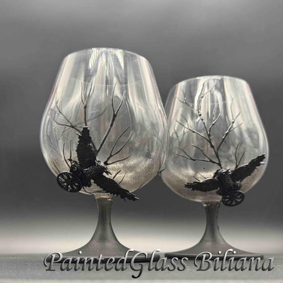 Black raven crow brandy glasses