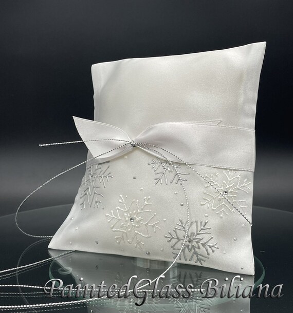White silver snowflakes winter wedding ring pillow