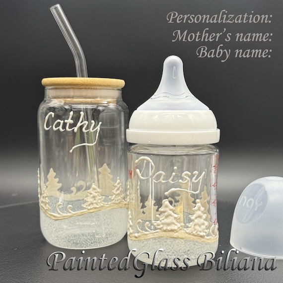 Personalized Hand Painted Glass baby bottle and mother's coffee mug: Cold winter