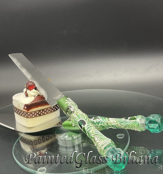 Wedding cake server and knife, Peacock feathers wedding cake accessories, Peacock wedding supplies, green cake serving set, 2 pcs