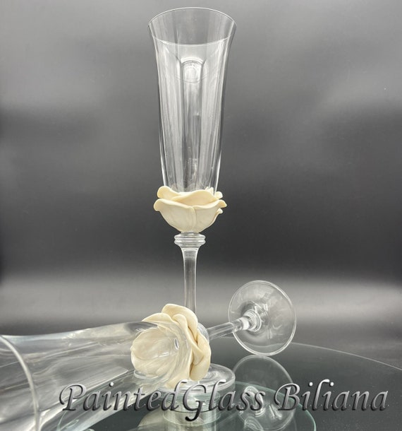 Wedding Glasses Pearly White Rose Champagne Flutes Hand Decorated Set of 2