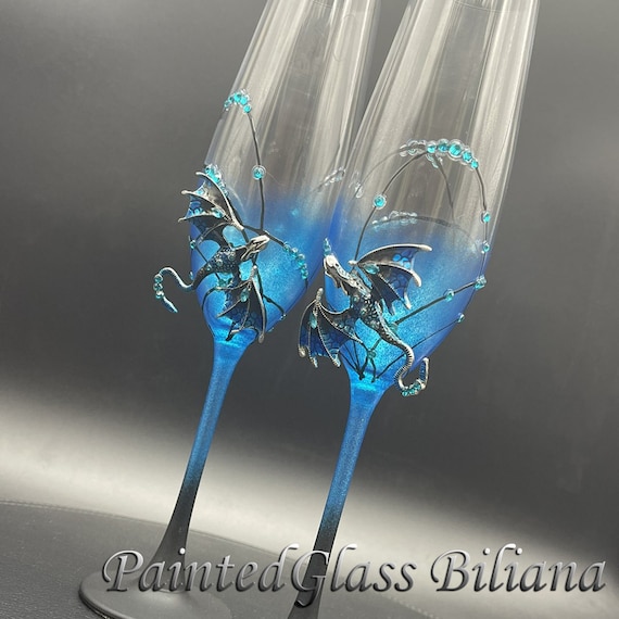Blue dragon wedding champagne flutes hand painted wedding champagne flutes, Set of 2