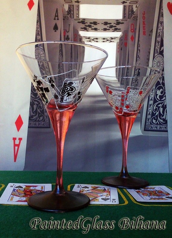 Set of 2 Hand Painted martini glasses Las Vegas poker cards game Casino Royal Flush in red and black color