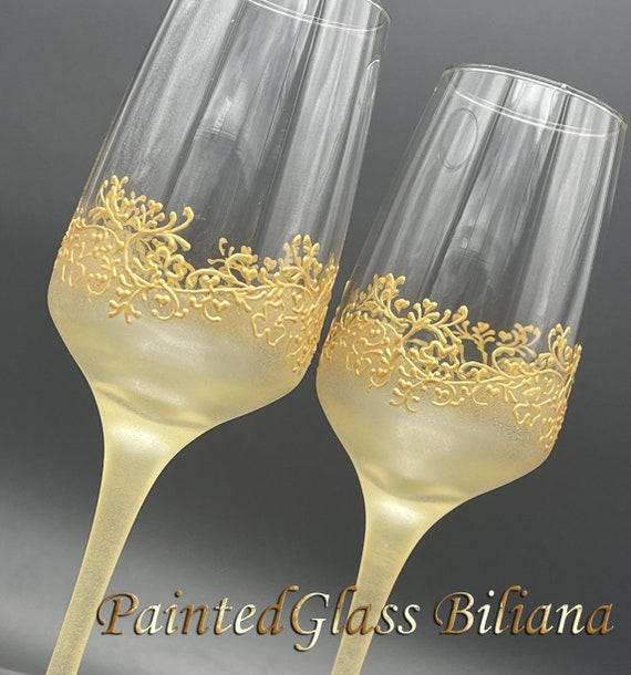 Set of 2 hand painted champagne flutes Gold lace Gatsby style