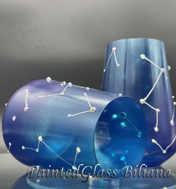 Constellations Set of 2 hand painted stemless wine glasses Night sky crystals glasses in blue and silver color