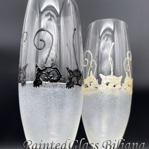 Set di 2 calici da champagne per matrimonio, gatti in bianco e nero