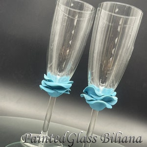 Something blue Wedding Glasses Champagne Flutes Set of 2 Rose in turquoise color