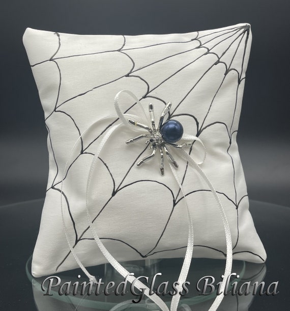 Spider web ring pillow, satin handmade hand painted ring pillow halloween theme