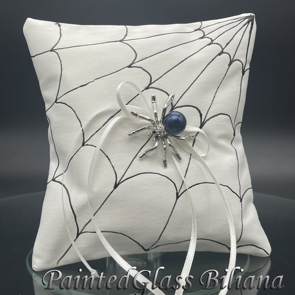 Spider web ring pillow, satin handmade hand painted ring pillow halloween theme