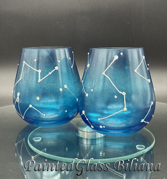 Constellations Set of 2 hand painted whiskey glasses Night sky crystals glasses in blue and silver color