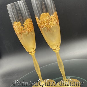Set of 2 hand painted champagne flutes Golden roses with crystals