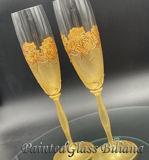 Set of 2 hand painted champagne flutes Golden roses with crystals