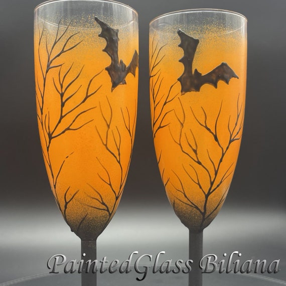 Set of 2 hand painted Wedding Glasses champagne flutes Black and orange Bats Halloween wedding favor